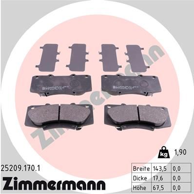 Комплект гальмівних накладок, дискове гальмо, Zimmermann 25209.170.1