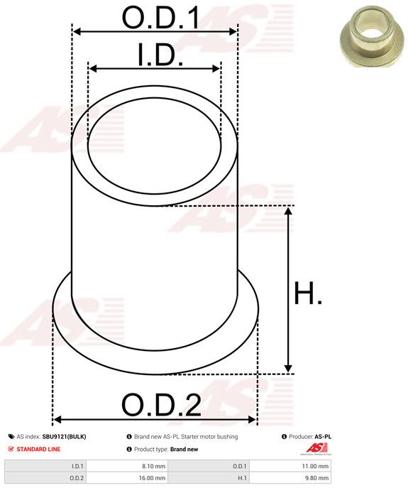 AS-PL SBU9121(BULK) Bush, starter shaft