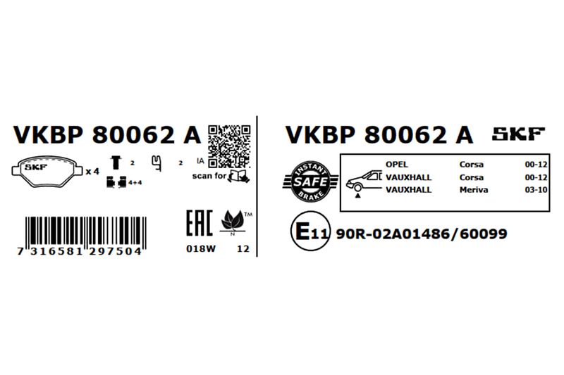 Комплект гальмівних накладок, дискове гальмо, Skf VKBP80062A