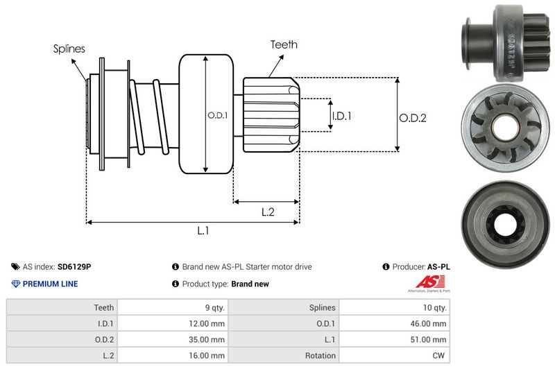 AS-PL SD6129P Freewheel Gear, starter