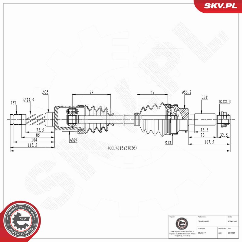ESEN SKV 40SKV300 Drive Shaft