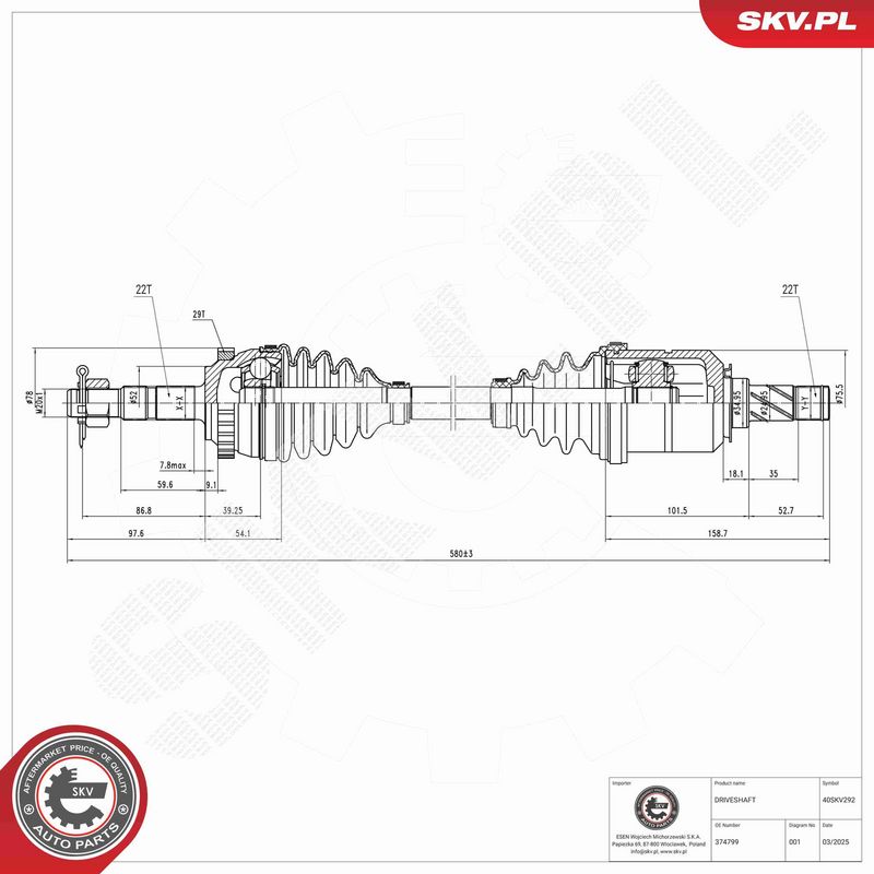 ESEN SKV 40SKV292 Drive Shaft