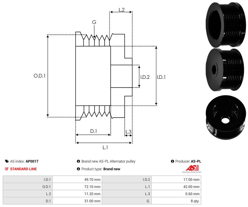 AS-PL AP0017 Belt Pulley, alternator