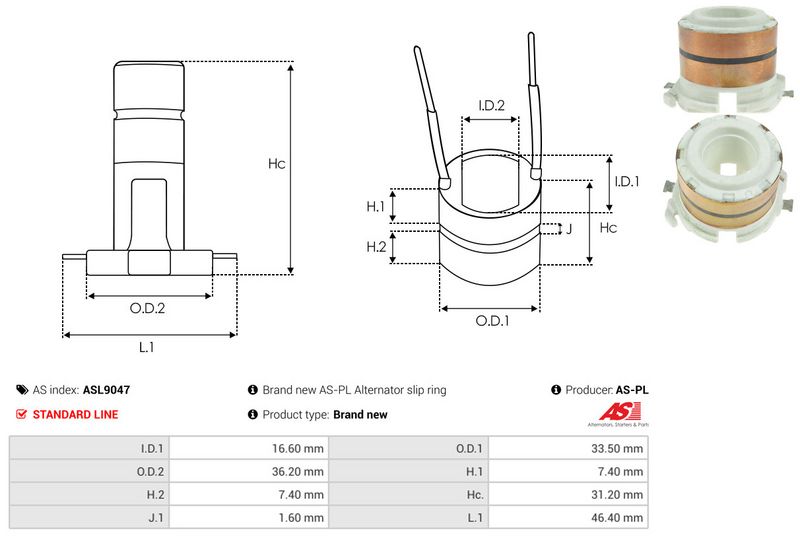 AS-PL ASL9047 Slip Ring, alternator