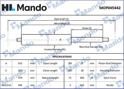 Газова пружина, багажник/кузов, Mando MOP045442