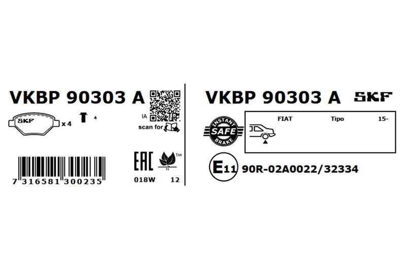 Комплект гальмівних накладок, дискове гальмо, Skf VKBP90303A