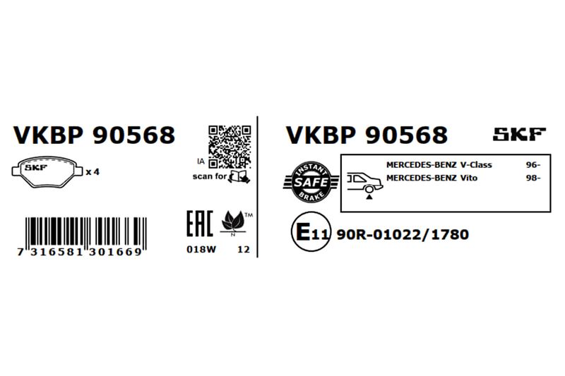 Комплект гальмівних накладок, дискове гальмо, Skf VKBP90568