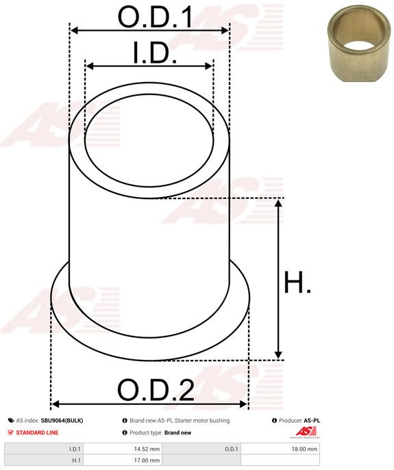 AS-PL SBU9064(BULK) Bush, starter shaft