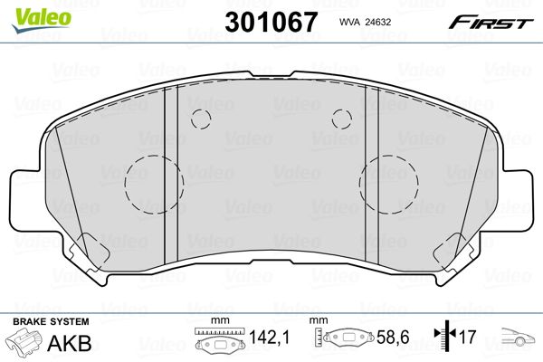 Комплект гальмівних накладок, дискове гальмо, Valeo 301067