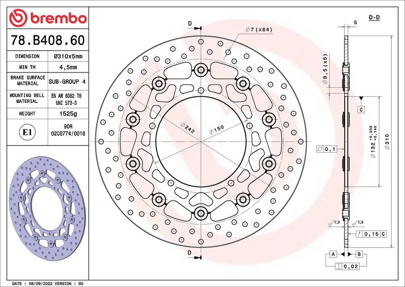 Brake disc Voor drijvend, 310/132x5mm 5x150mm, diameter bevestigingsgat 8,5mm, hoogte (tussenruimte) 0 past: YAMAHA FZ8, YZF-R1 1000/800N/800NA ABS/800S/800SA ABS (Fazer) 2007-2012