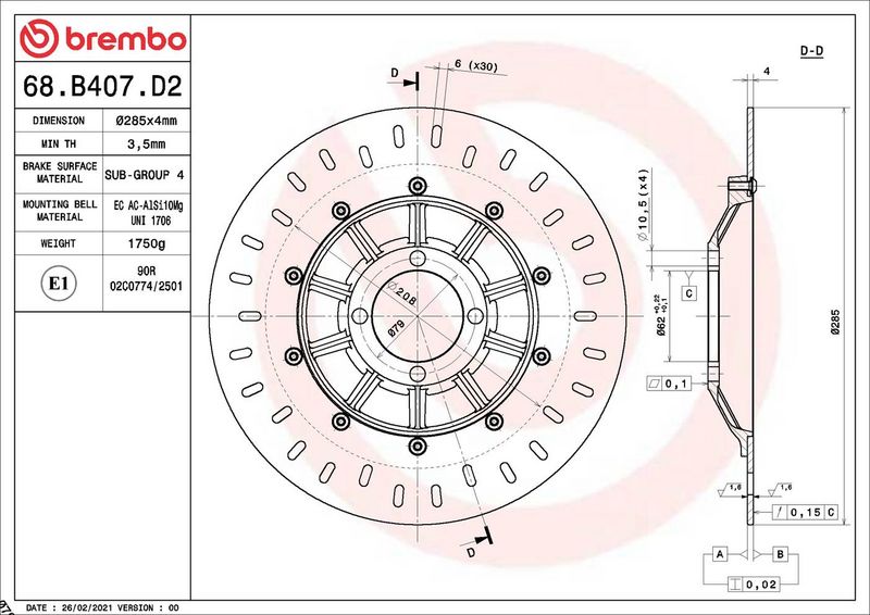 Brake disc Voor vast, 285/62x4mm 4x79mm, diameter bevestigingsgat 10,5mm, hoogte (tussenruimte) 0 past: BMW K 100/100 RS (16V)/100 RS (8V)/100GS/75/75 Edition ABS/75C/75RT/75S/80/80RT/80RT/2 1982-1996