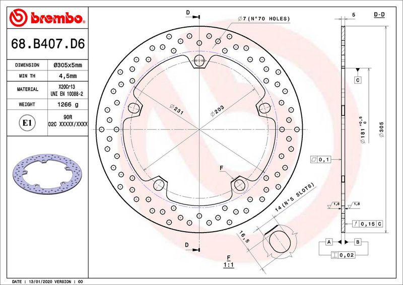 Brake disc Voor vast, 305/181x5mm 5x203mm, diameter bevestigingsgat 14mm, hoogte (tussenruimte) 0 past: BMW F 1100GS/1100S/1150GS/1150GS (Advent.)/1200C/1200CL/1200GS/1200GS (Adventure)/1200LT/1200RS/