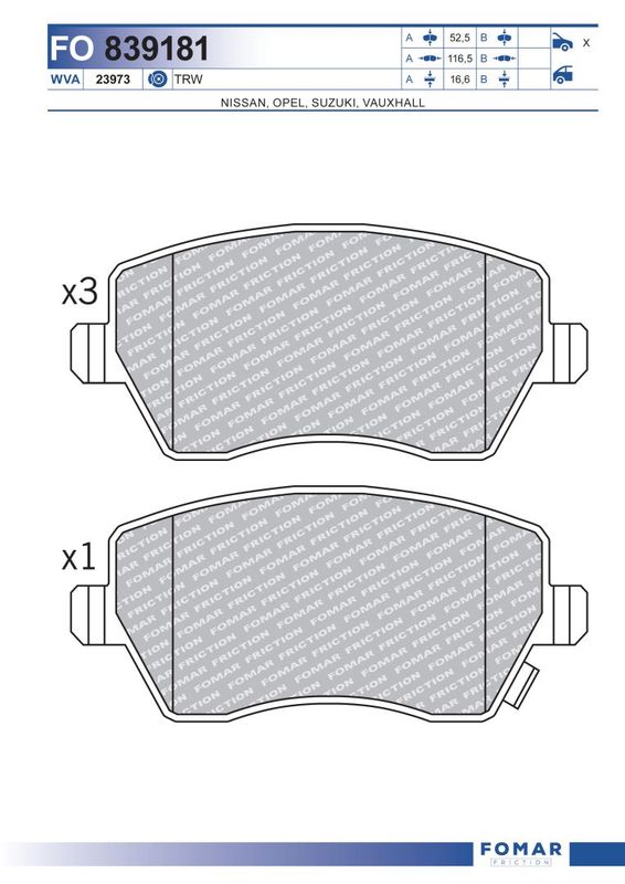 Комплект гальмівних накладок, дискове гальмо, Fomar 839181
