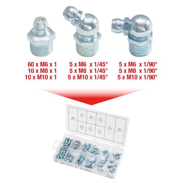 Sortimentslåda smörjnipplar, M6-8-10x1, 110 delar