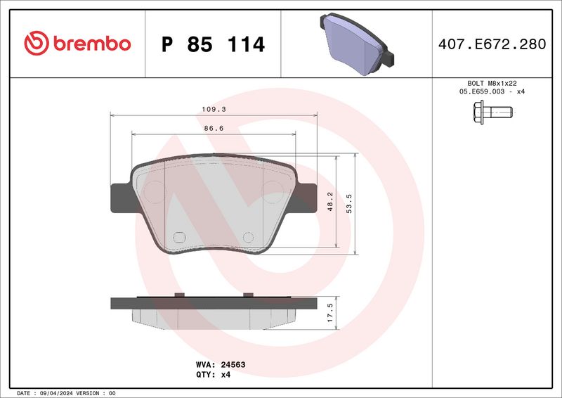 BREMBO fékbetétkészlet, tárcsafék P 85 114X