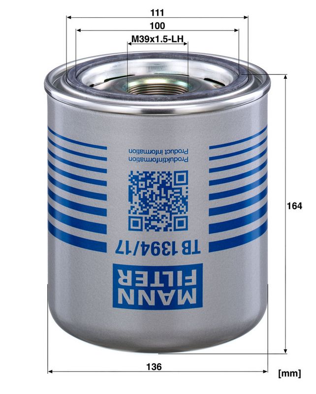 Õhukuivatuspadrun, suruõhusüsteem, MANN-FILTER TB 1394, 17 x