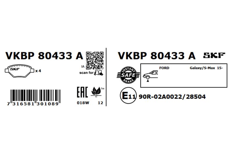 Комплект гальмівних накладок, дискове гальмо, Skf VKBP80433A