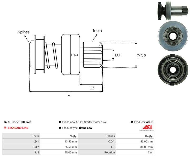AS-PL SD0357S Freewheel Gear, starter