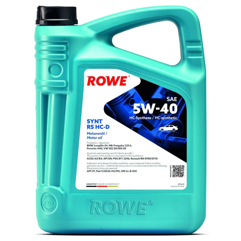 ROWE 20163-0050-99 Олива 5W40 HIGHTEC SYNT RS HC-D (5L) (BMW LL-01/MB 229.5/Porsche A40/VW 502 00/505 00)