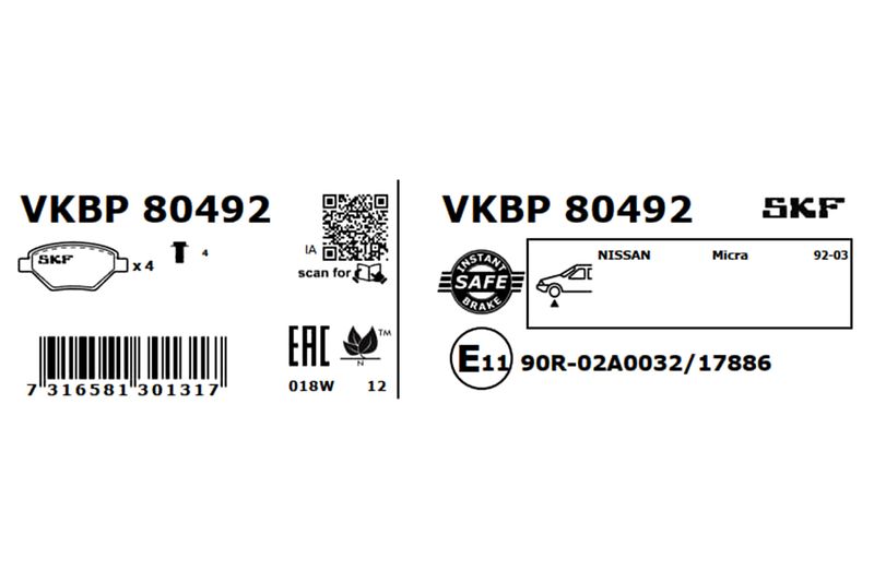 Комплект гальмівних накладок, дискове гальмо, Skf VKBP80492