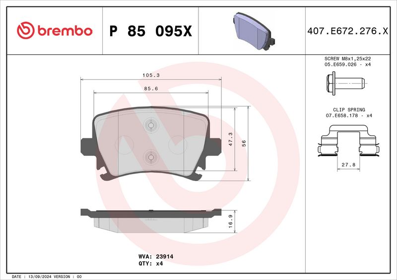 Piduriklotsi komplekt, ketaspidur, BREMBO P 85 095X