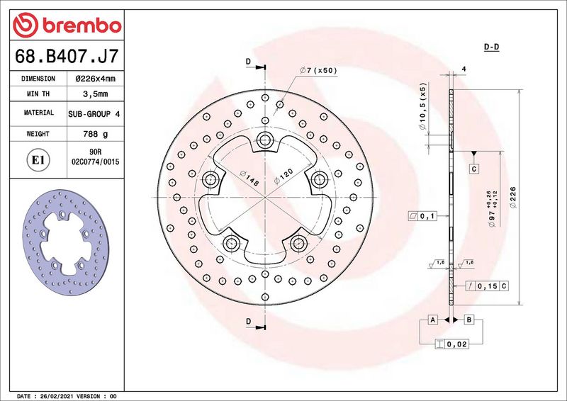 Brake disc Voor vast, 226/97x4mm 5x120mm, diameter bevestigingsgat 10,5mm, hoogte (tussenruimte) 0 past: SYM HD2 200 Evo 2014-2014