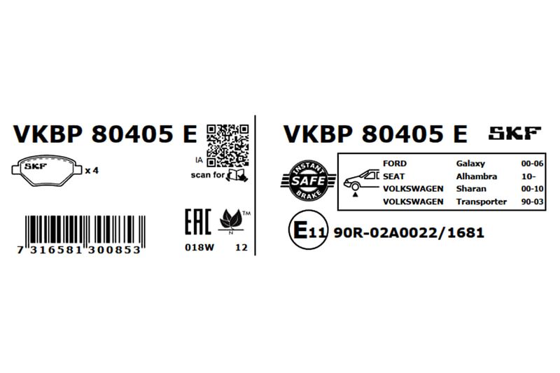 Комплект гальмівних накладок, дискове гальмо, Skf VKBP80405E