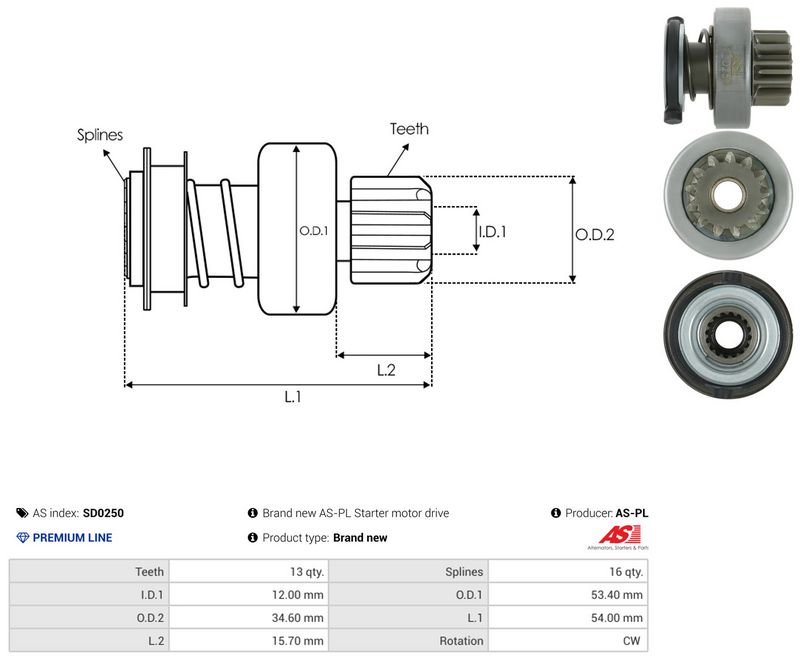 AS-PL SD0250 Freewheel Gear, starter