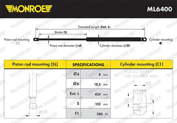 Газова пружина, кришка капота, Monroe ML6400