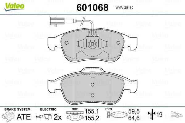 Комплект гальмівних накладок, дискове гальмо, Valeo 601068