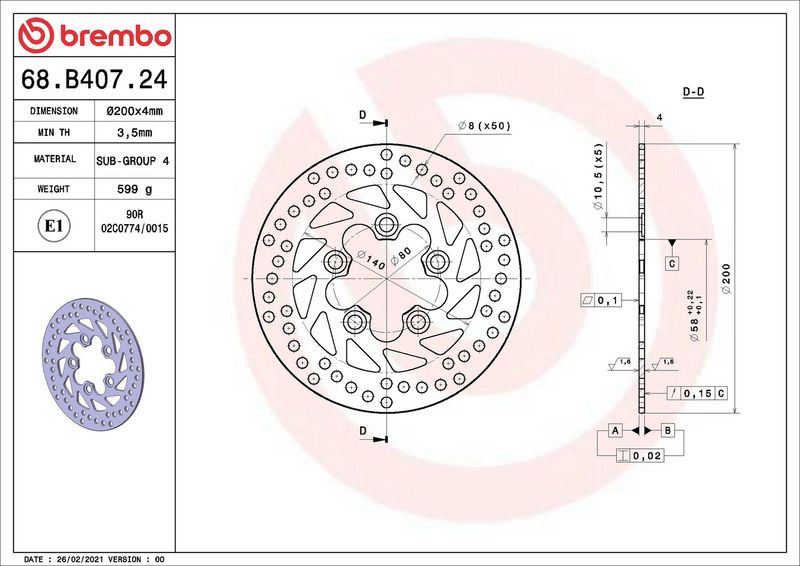 Brake disc Achter vast, 200/58x4mm 5x80mm, diameter bevestigingsgat 10,5mm, hoogte (tussenruimte) 0 past: KYMCO GRAND DINK, YUP 250 2001-2005