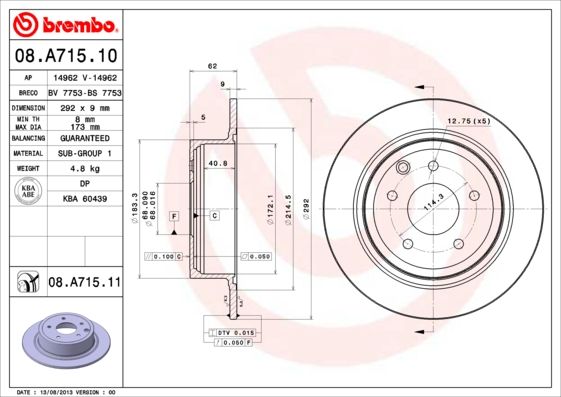 Гальмівний диск, повн., 292мм, кількість отворів 5, FENGSHEN/NISSAN/NISSAN (DONGFENG), Brembo 08.A715.10