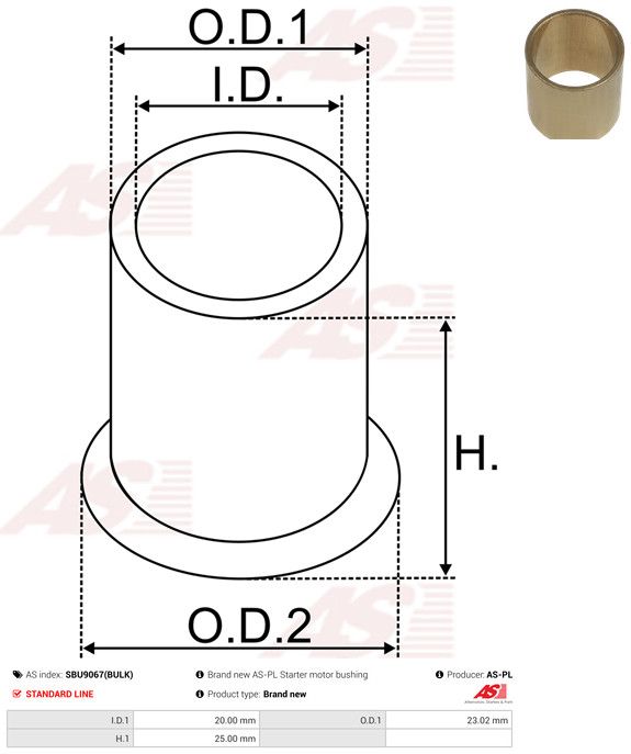 AS-PL SBU9067(BULK) Bush, starter shaft