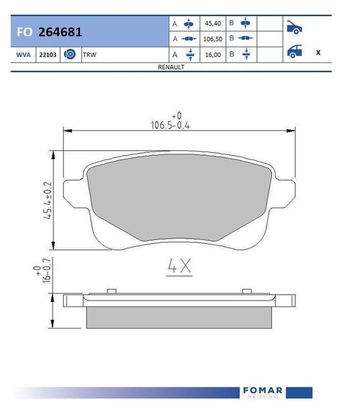 Комплект гальмівних накладок, дискове гальмо, Fomar 264681
