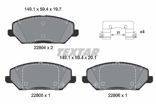 Комплект гальмівних накладок, дискове гальмо, Textar 2280401