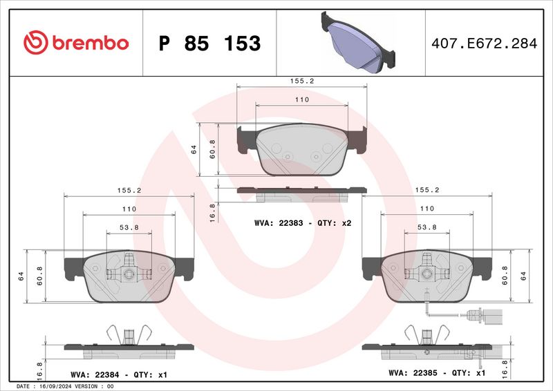Piduriklotsi komplekt, ketaspidur, BREMBO P 85 153