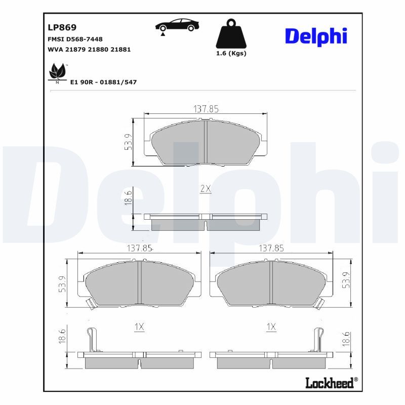 DELPHI Stabdžių trinkelių rinkinys, diskinis stabdys