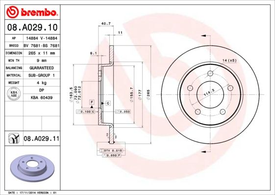 Гальмівний диск, повн., 265мм, кількість отворів 5, MAZDA 3/5 03- задн., Brembo 08.A029.10