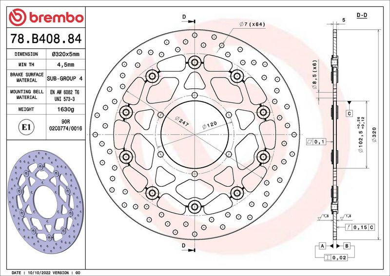 Brake disc Voor drijvend, 320/102,5x5mm 6x120mm, diameter bevestigingsgat 8,5mm, hoogte (tussenruimte) 0 past: SUZUKI GSX-R 1000/1000 ABS/1000A 2017-2019