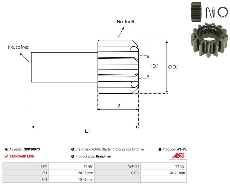 AS-PL SDK3007S Freewheel Gear, starter