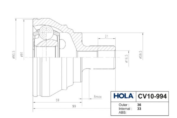 Комплект шарнірів, приводний вал, Hola CV10-994