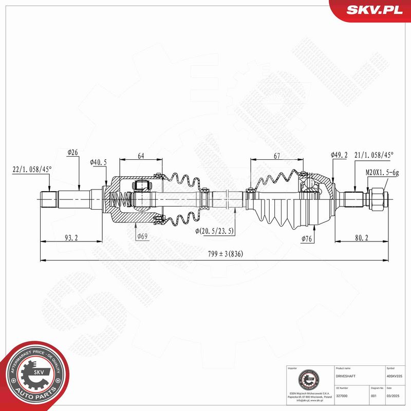 ESEN SKV 40SKV335 Drive Shaft