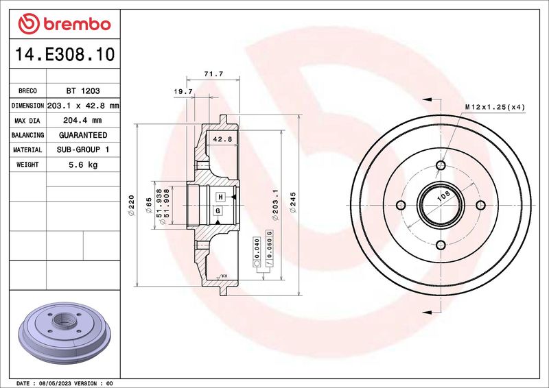 Гальмівний барабан, Brembo 14.E308.10