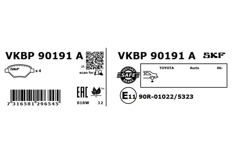 Комплект гальмівних накладок, дискове гальмо, Skf VKBP90191A