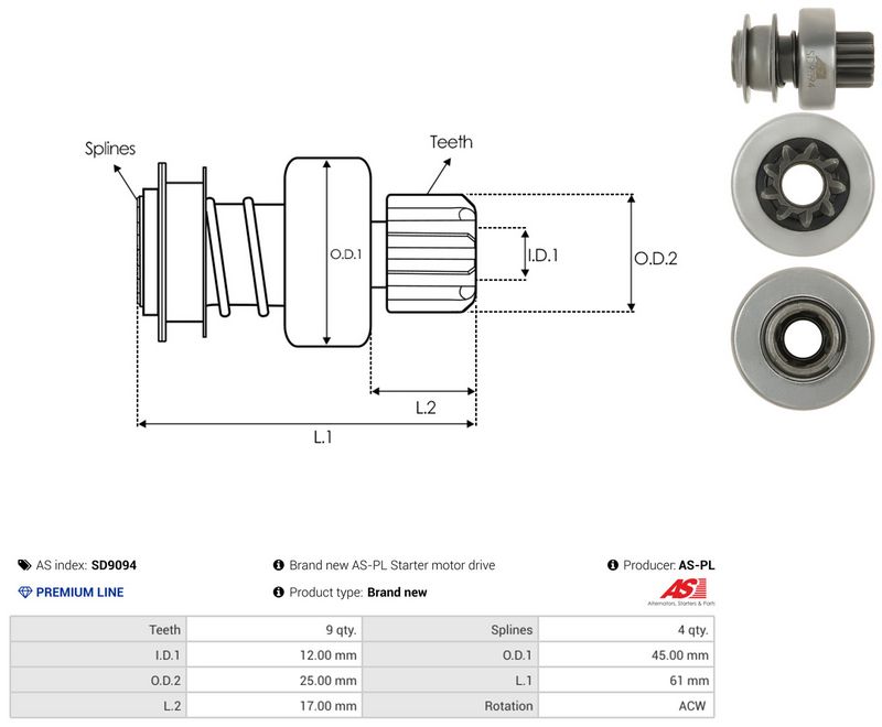 AS-PL SD9094 Freewheel Gear, starter