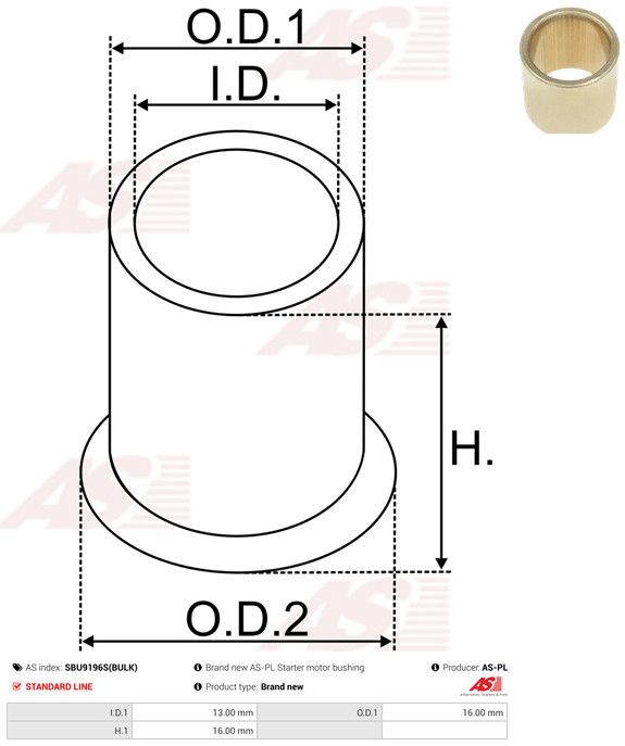 AS-PL SBU9196S(BULK) Bush, starter shaft