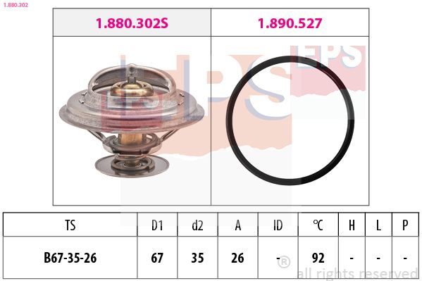 Термостат, охолоджувальна рідина, 92°C, Bmw 1.8/2.4D 87-/VW Passat 2.8 97-, Eps 1880302