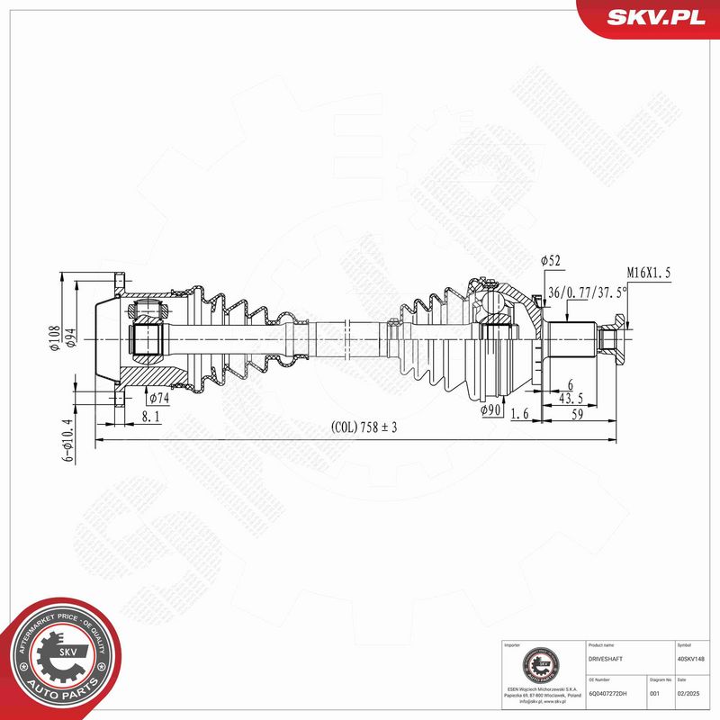 ESEN SKV 40SKV148 Drive Shaft