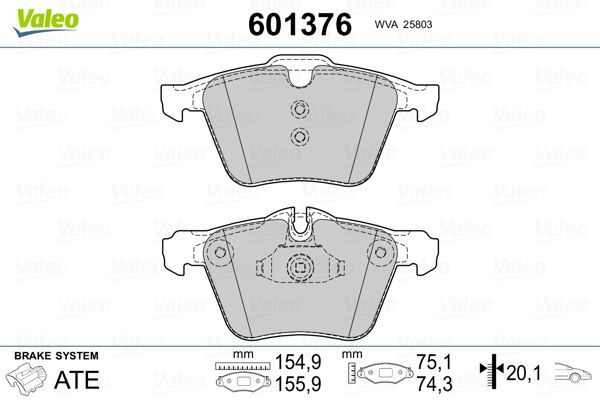 Комплект гальмівних накладок, дискове гальмо, Valeo 601376