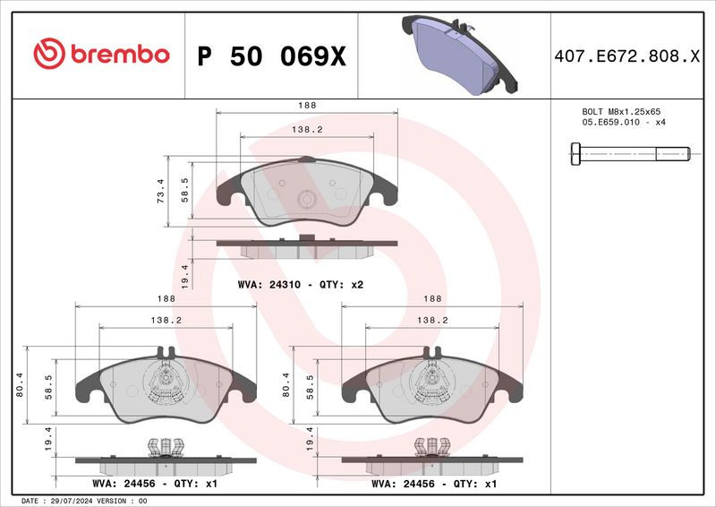 Piduriklotsi komplekt, ketaspidur, BREMBO P 50 069X